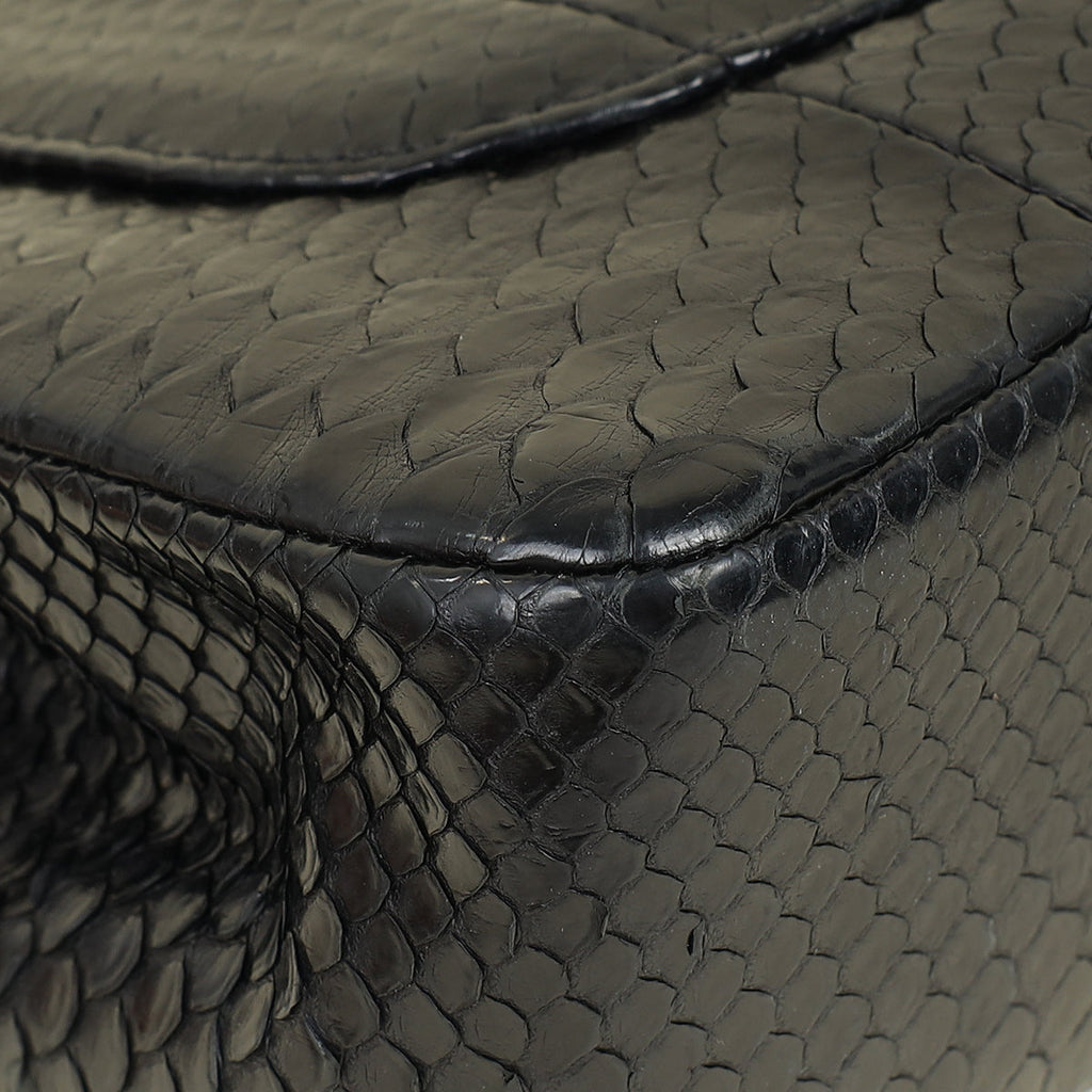 Chanel Black CC Classic Python Double Flap Jumbo Bag
