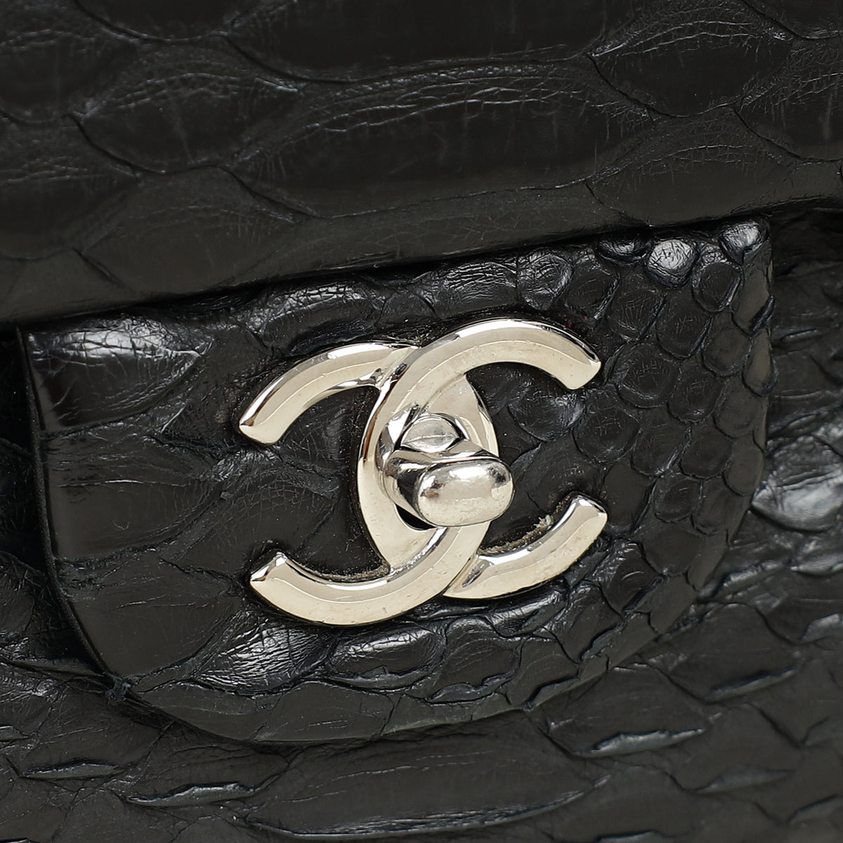 Chanel Black CC Classic Python Double Flap Jumbo Bag