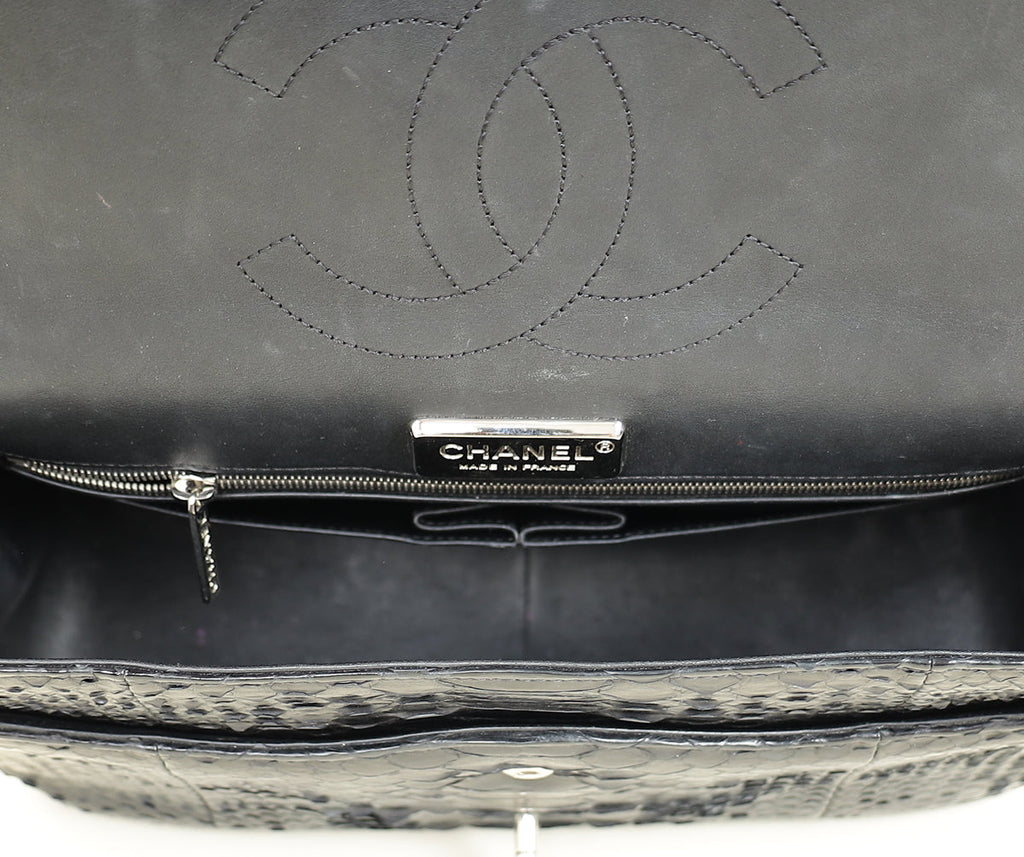 Chanel Black CC Classic Python Double Flap Jumbo Bag