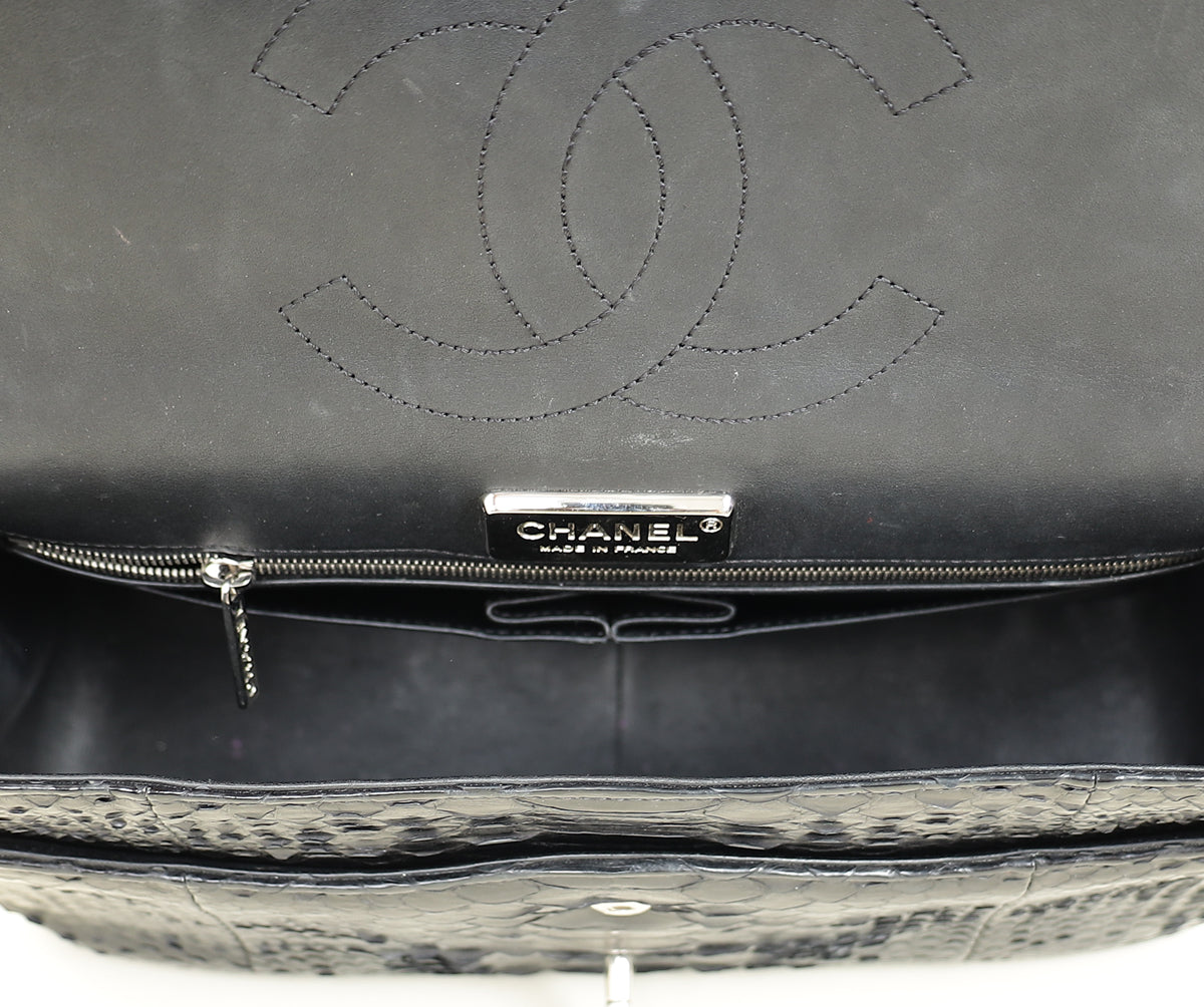 Chanel Black CC Classic Python Double Flap Jumbo Bag
