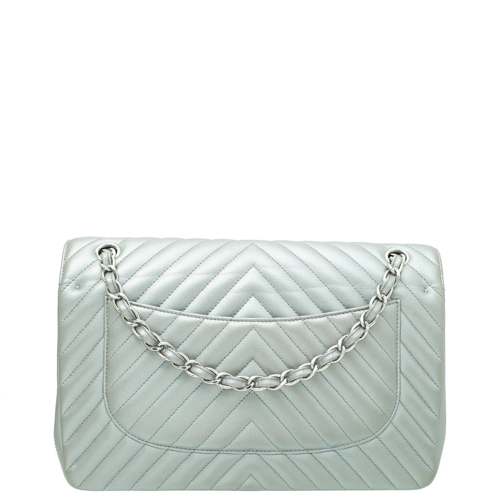Chanel Metallic Grey Chevron Classic Double Flap Jambo Bag