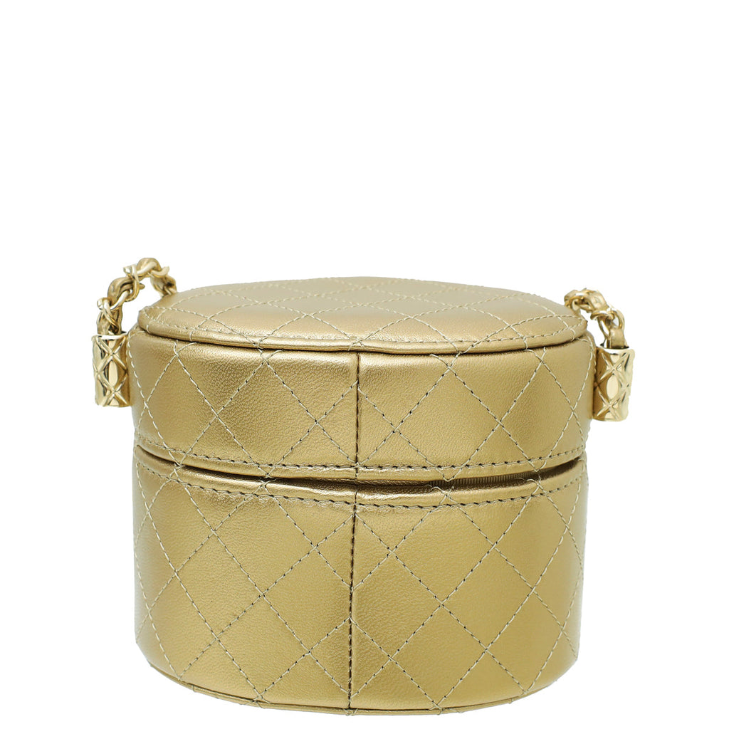 Chanel Bronze CC Round Mini Quilted Vanity Case with Chain