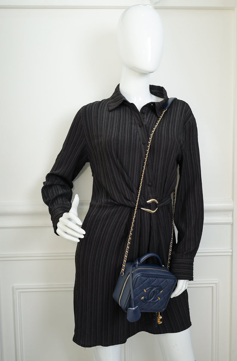 Chanel Navy Blue CC Filigree Vanity Small Case