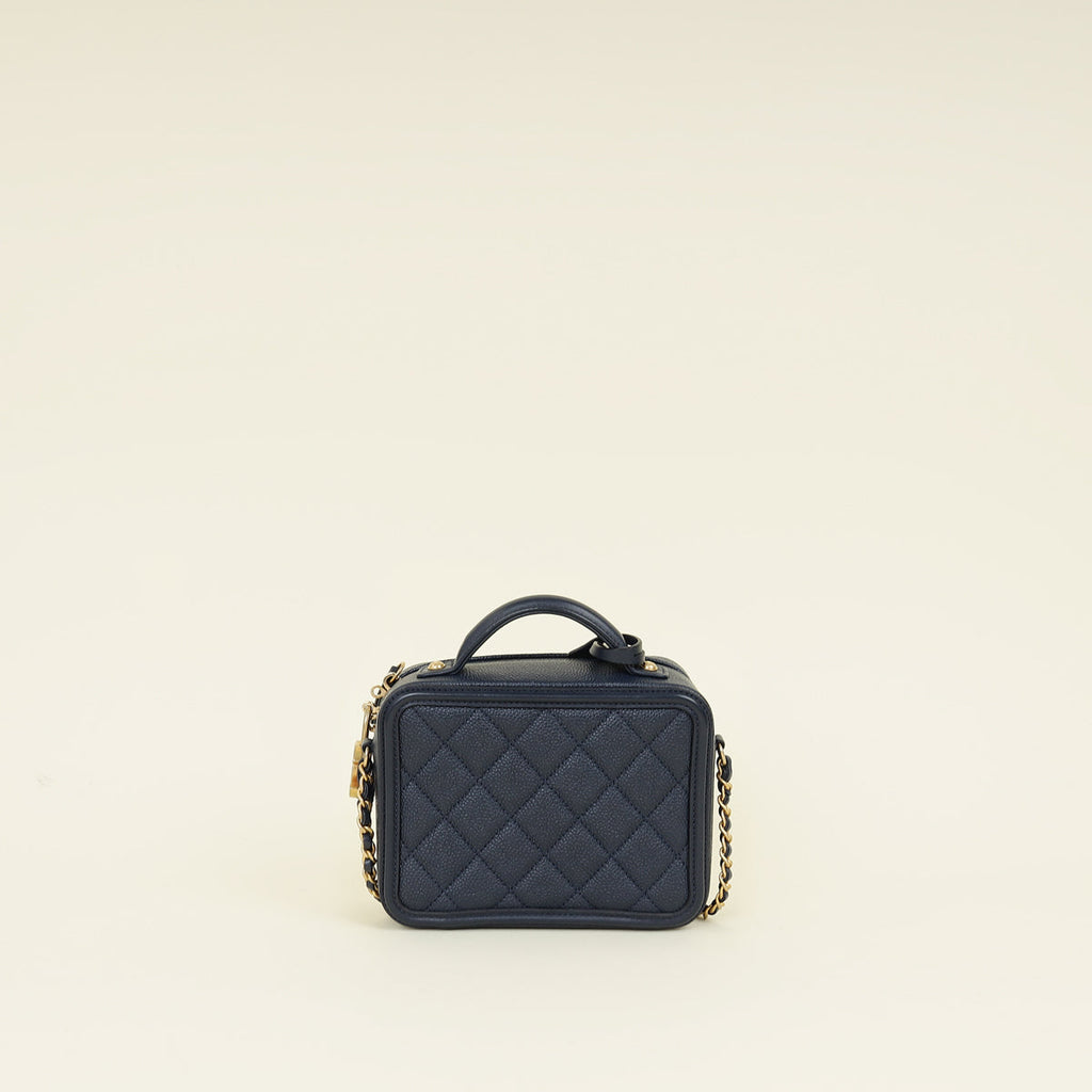 Chanel Navy Blue CC Filigree Vanity Small Case