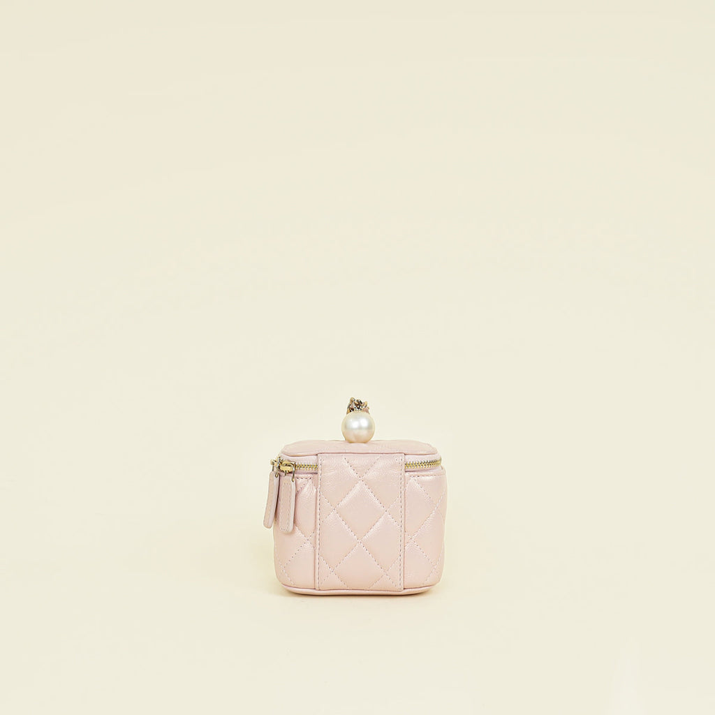 Chanel Metallic Light Pink CC Pearl Mini Vanity With Chain