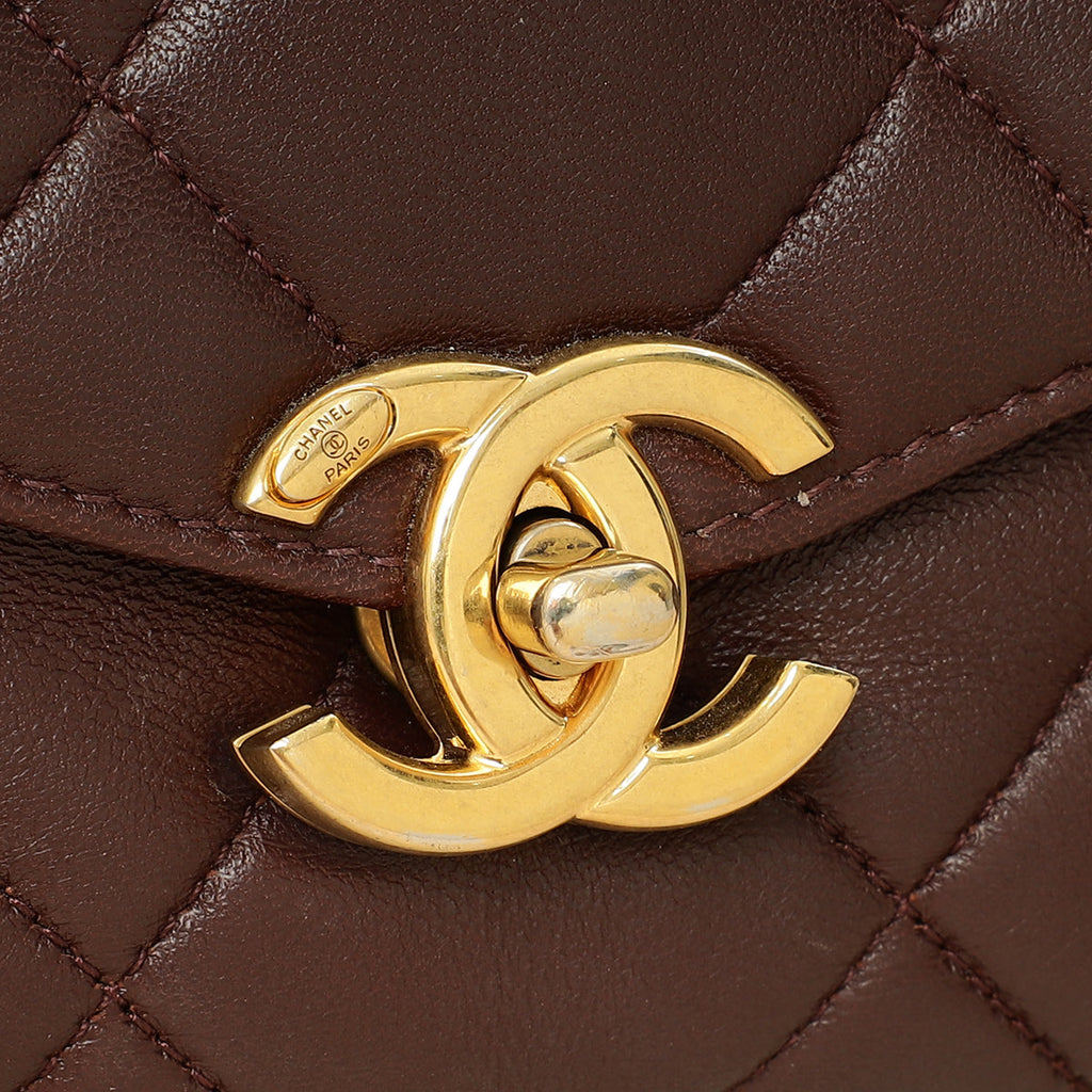 Chanel Brown CC Top Handle Quilted Flap Bag