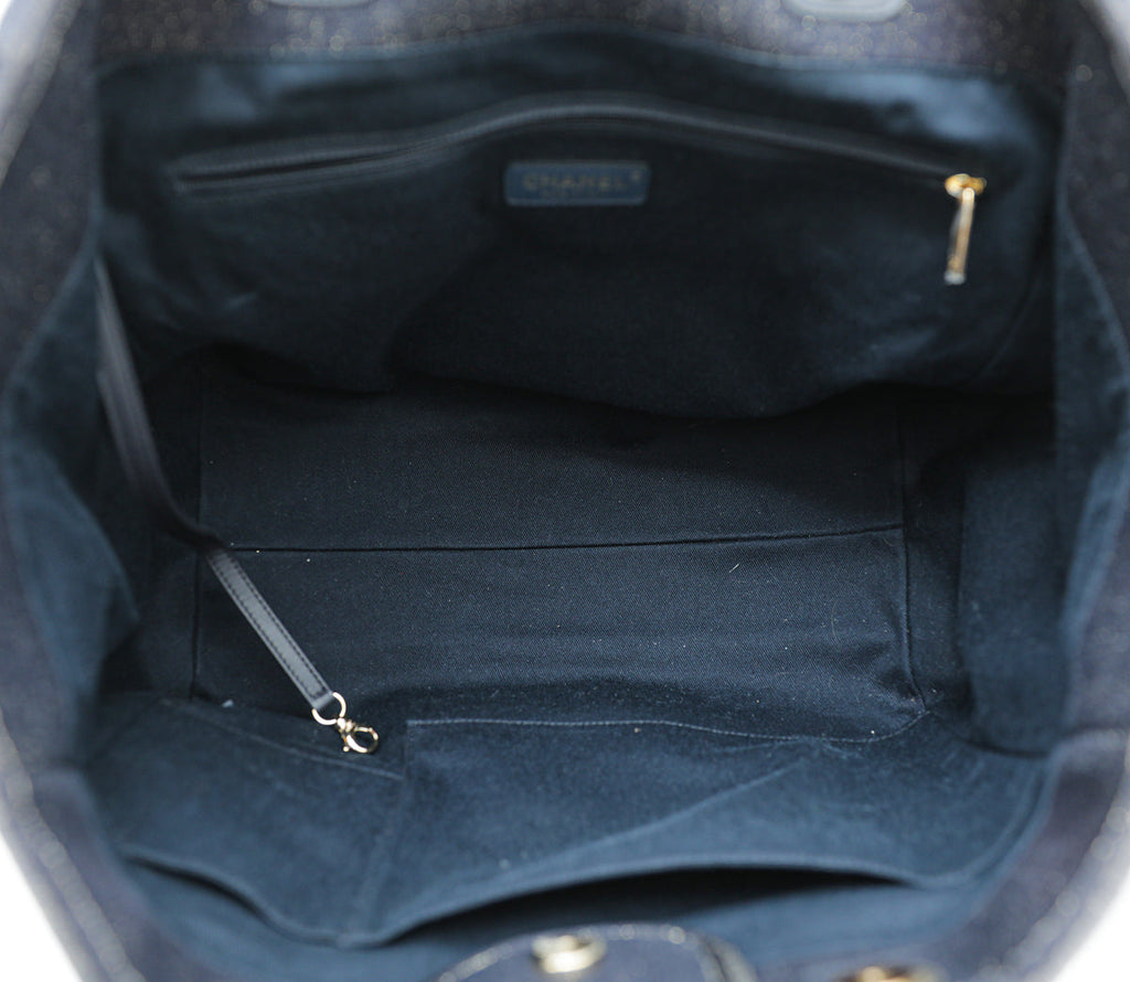 Chanel CC Navy Blue Metallic Fabric Deauville Tote Bag