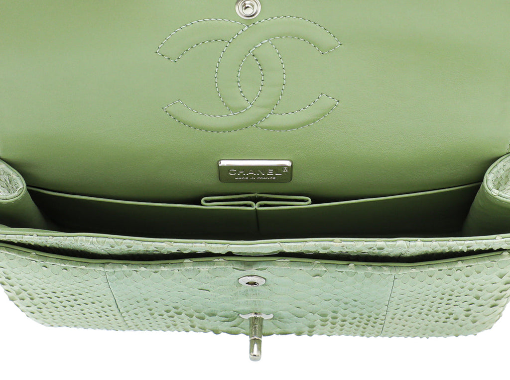 Chanel Light Green Python Classic Double Flap Medium Bag