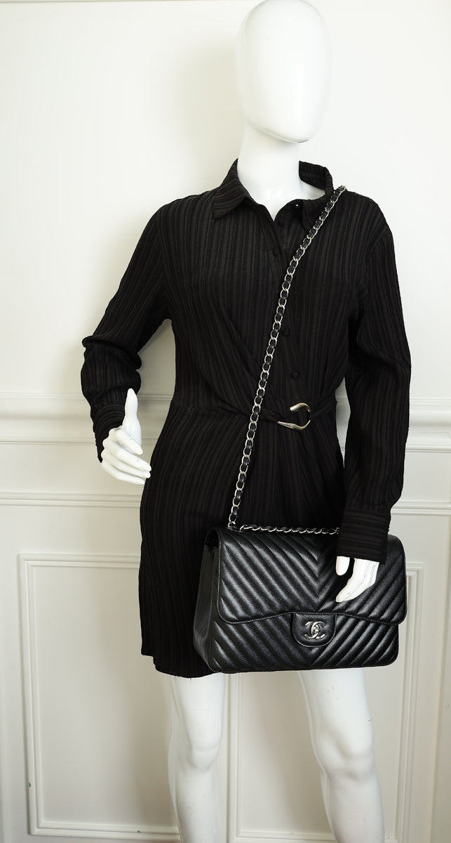 Chanel Black Chevron Classic Double Flap Jumbo Bag