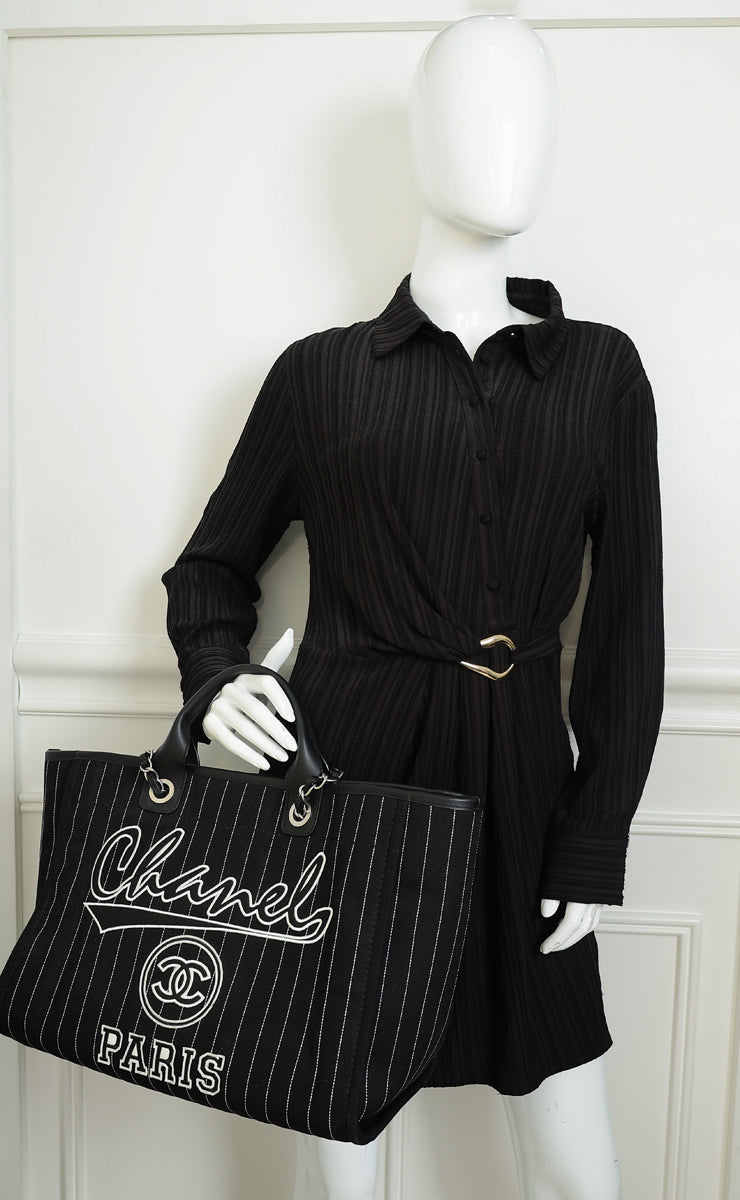 Chanel Black CC Deauville Pinstripe Shopping Tote Bag
