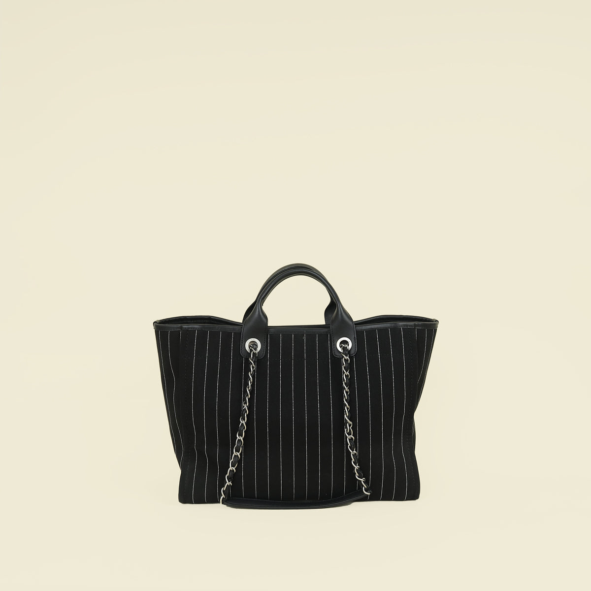 Chanel Black CC Deauville Pinstripe Shopping Tote Bag