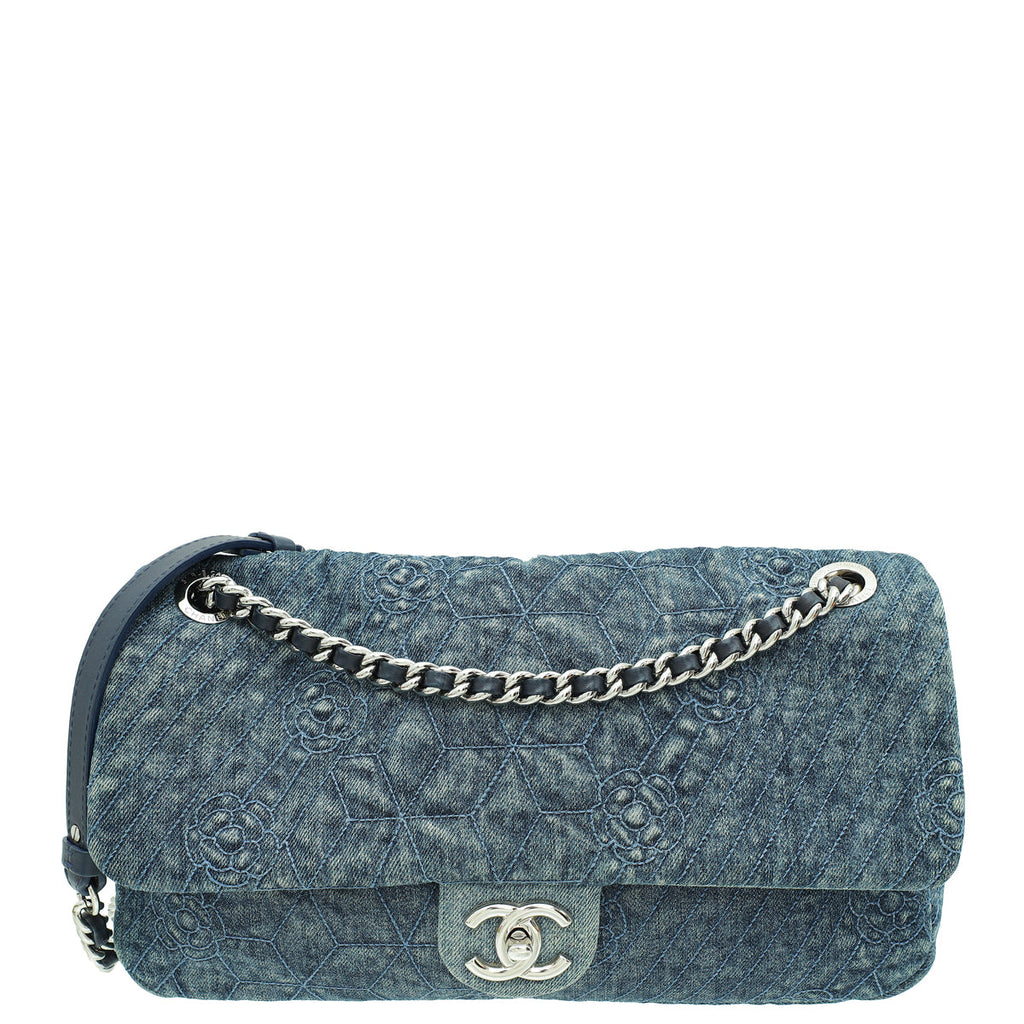 Chanel Blue CC Denim Camelia Embroidered Flap Bag