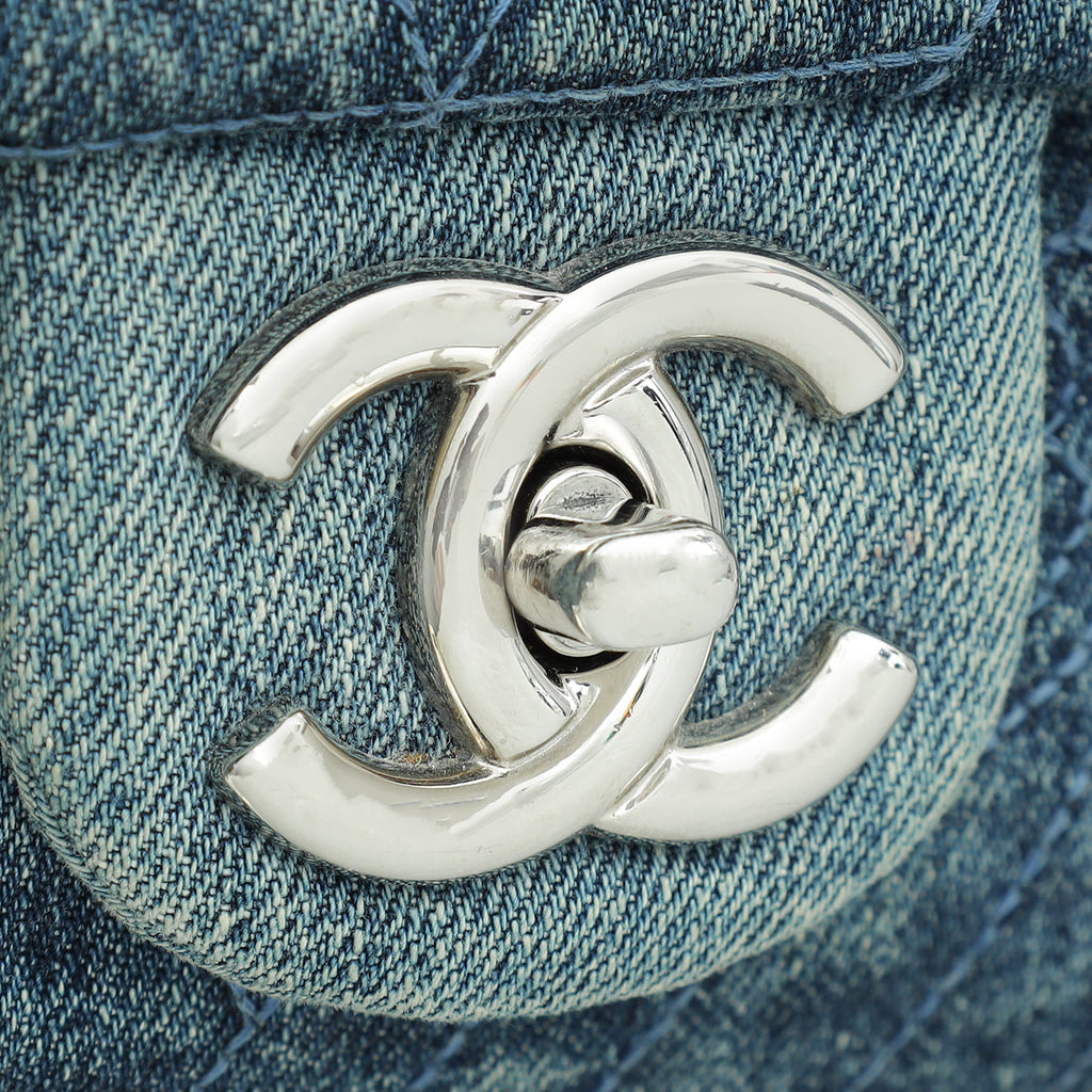 Chanel Blue CC Denim Camelia Embroidered Flap Bag