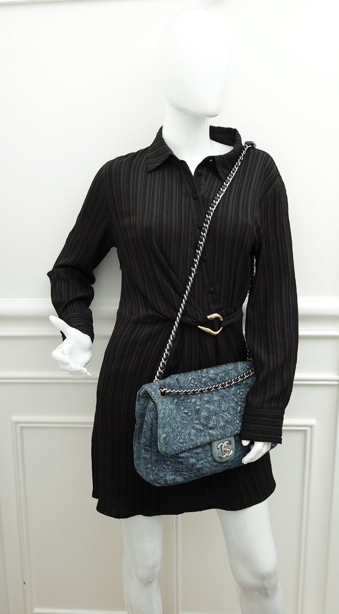 Chanel Blue CC Denim Camelia Embroidered Flap Bag