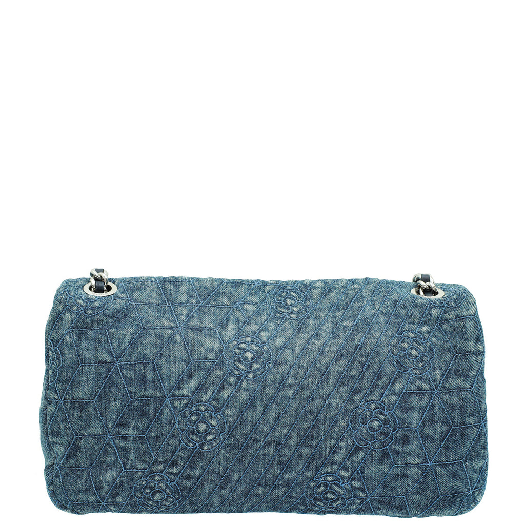Chanel Blue CC Denim Camelia Embroidered Flap Bag