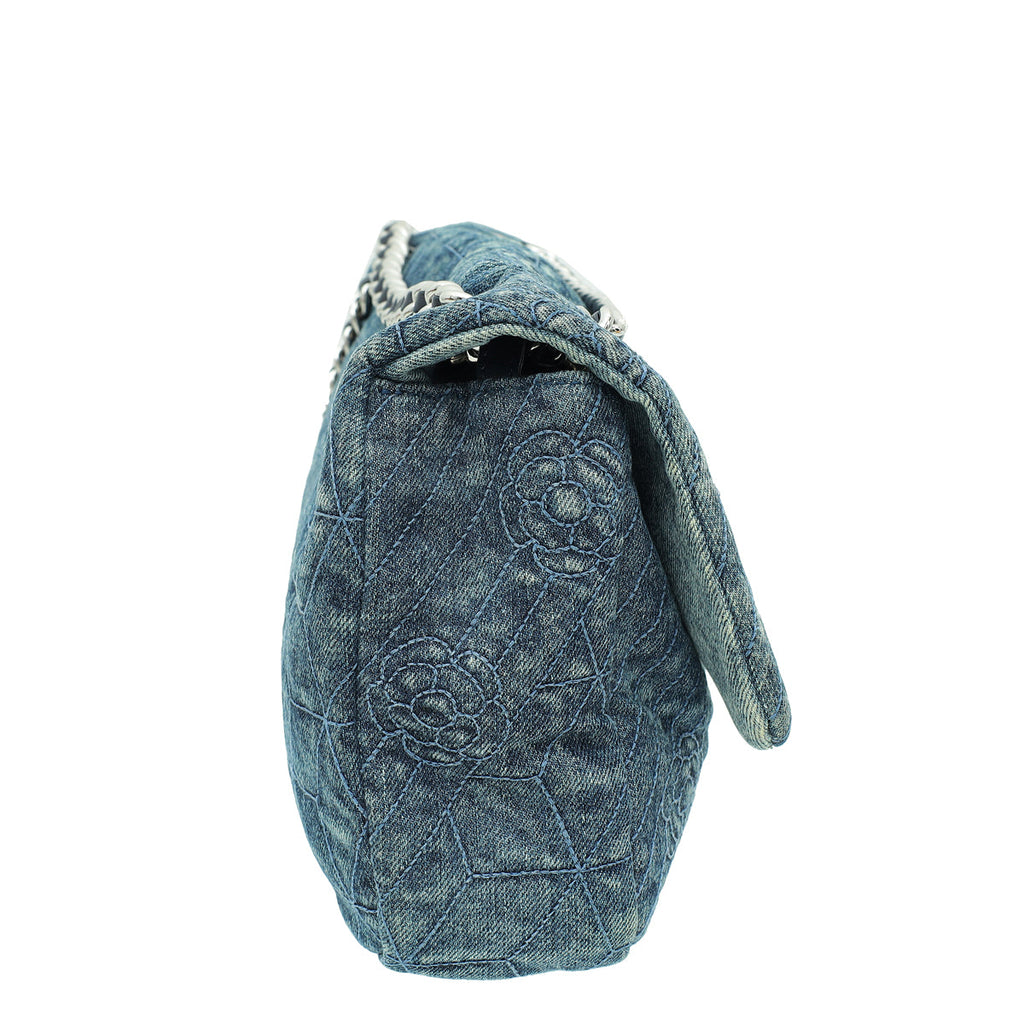 Chanel Blue CC Denim Camelia Embroidered Flap Bag