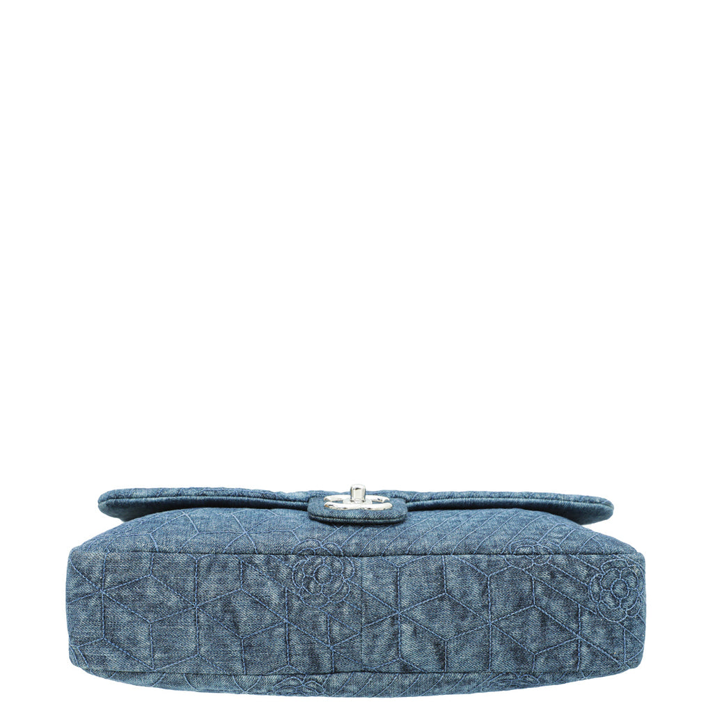 Chanel Blue Denim Camellia Embroidered Flap Bag