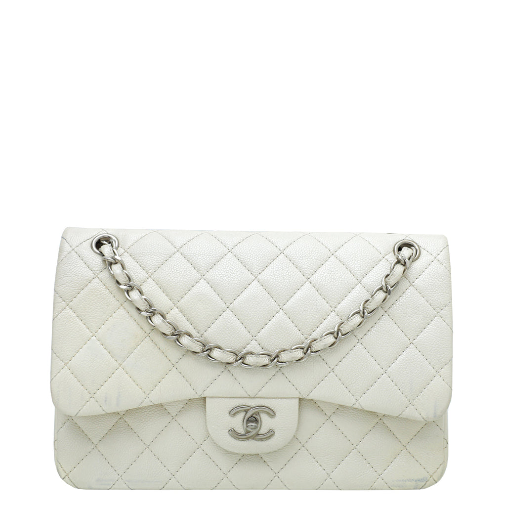 Chanel Metallic White CC Classic Double Flap Jumbo Bag