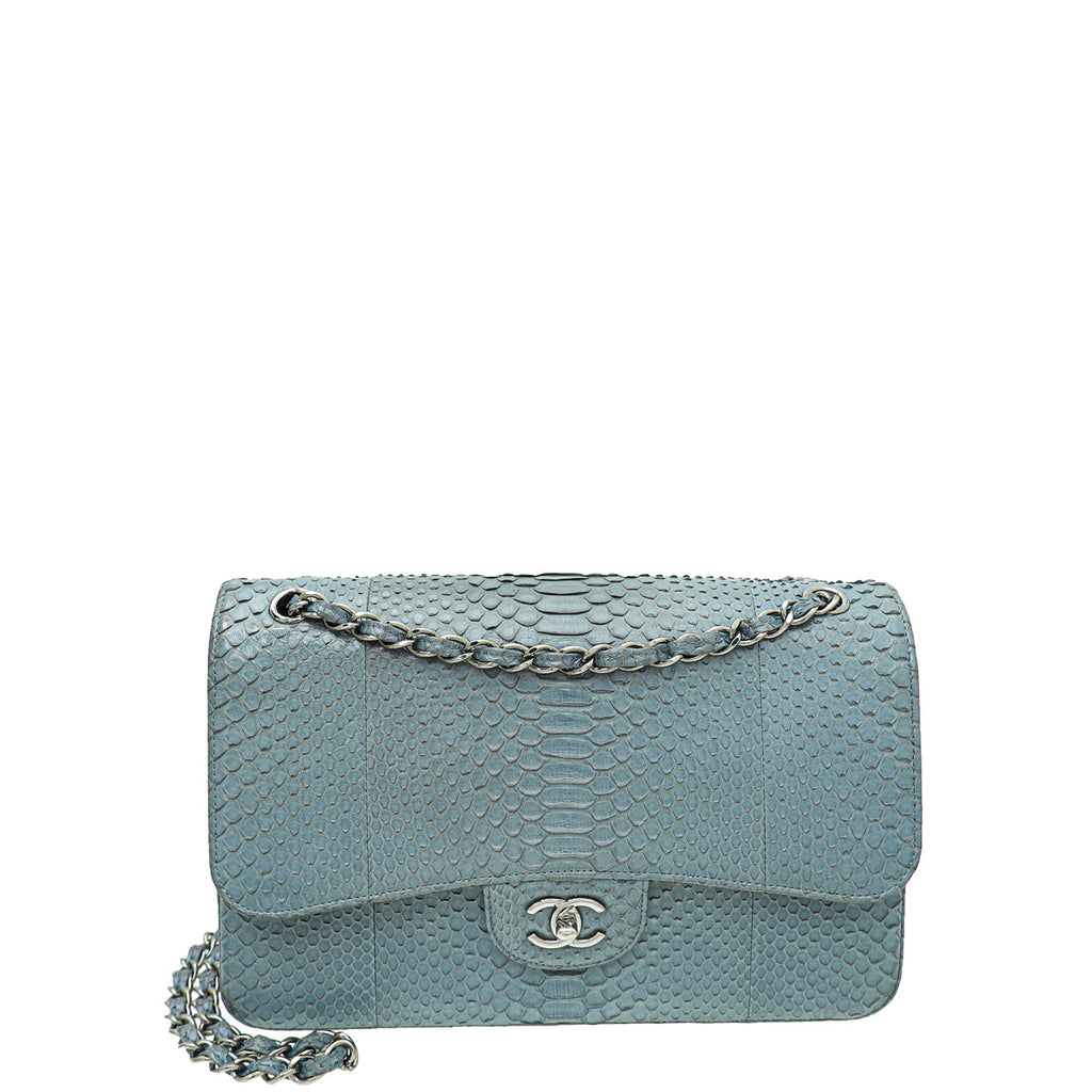 Chanel Bluish Grey Python CC Classic Double Flap Jumbo Bag