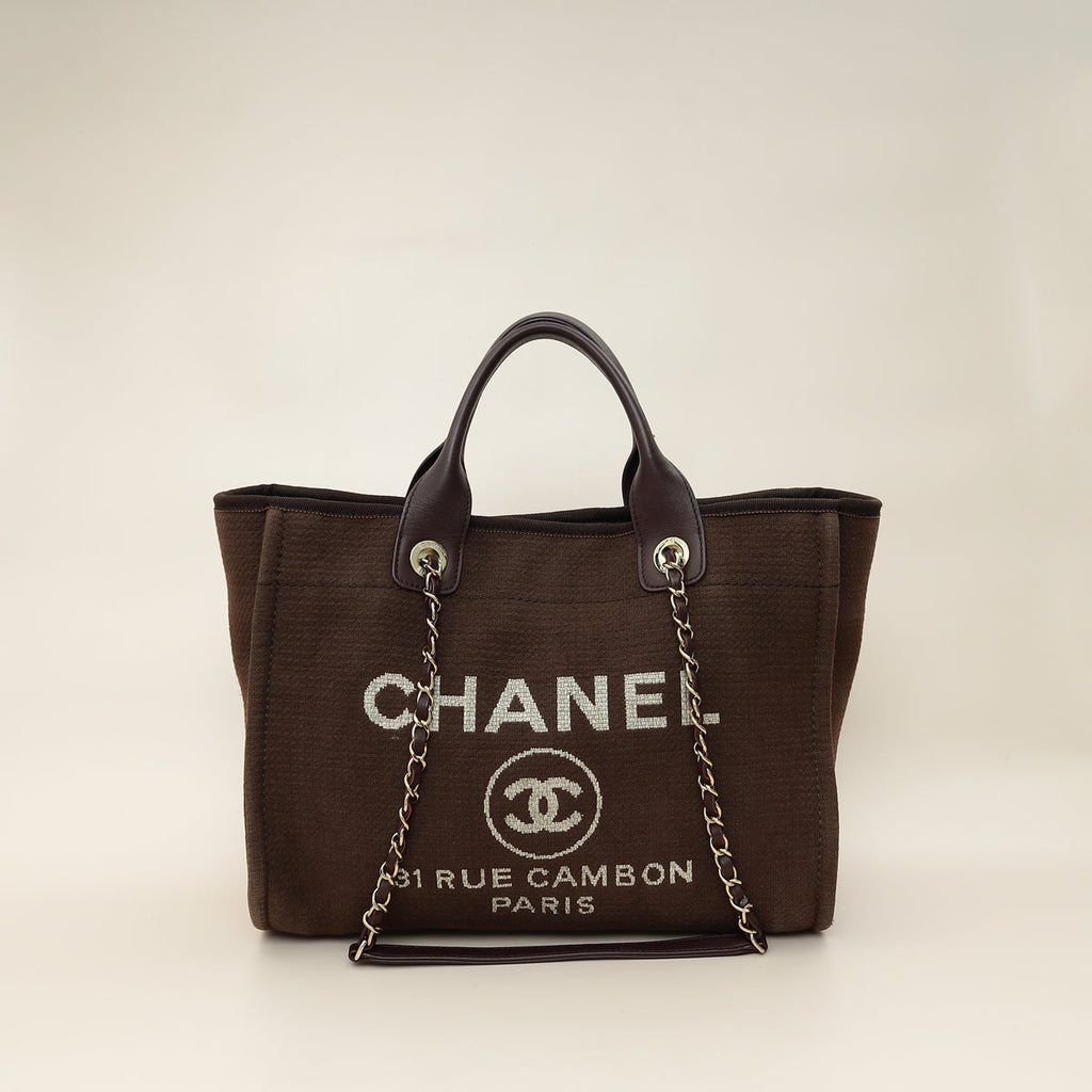 Chanel Brown CC Deauville Mixed Fabric Medium Tote Bag