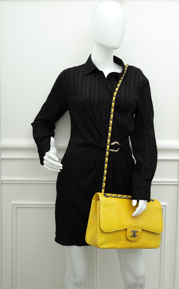 Chanel Yellow Python CC Classic Double Flap Jumbo Bag