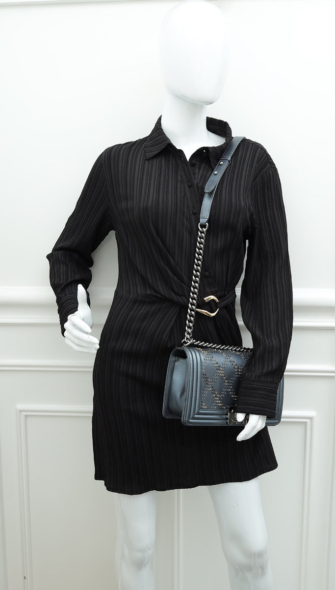 Chanel Metallic Grey Blue Le Boy Embroidered Beads Medium Flap Bag