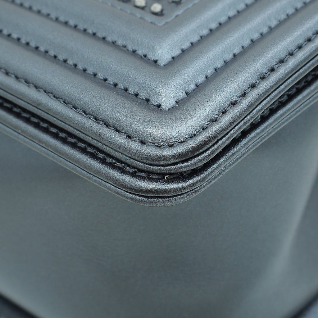 Chanel Metallic Grey Blue Le Boy Embroidered Beads Medium Flap Bag
