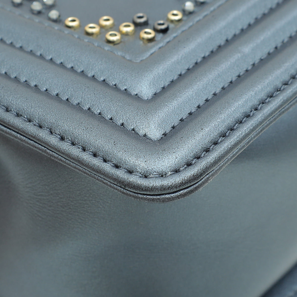 Chanel Metallic Grey Blue Le Boy Embroidered Beads Medium Flap Bag