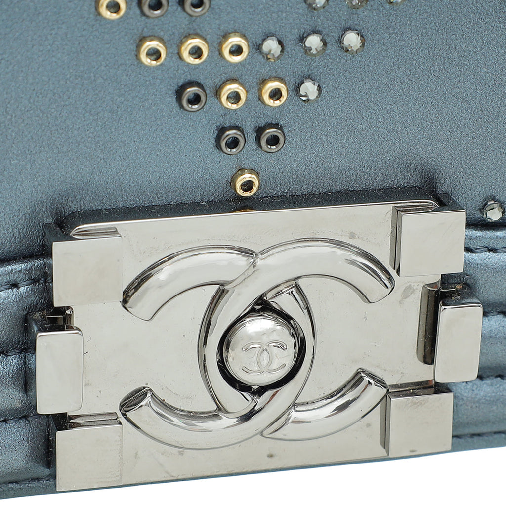 Chanel Metallic Grey Blue Le Boy Embroidered Beads Medium Flap Bag