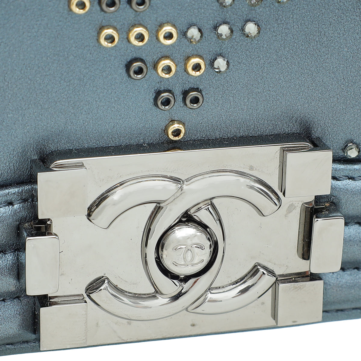 Chanel Metallic Grey Blue Le Boy Embroidered Beads Medium Flap Bag