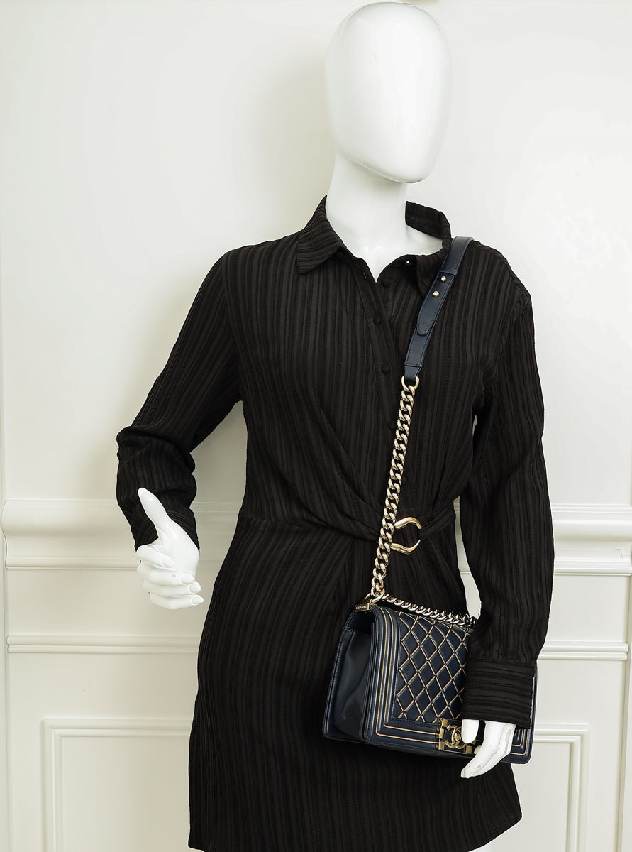 Chanel Indigo Blue Le Boy Quilted Chain Details Medium Flap Bag