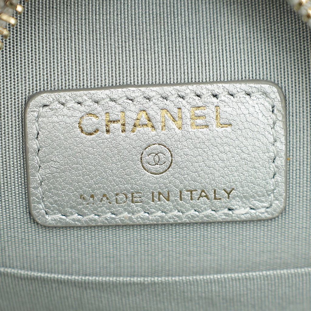 Chanel Metallic Silver 19 Round Mini Clutch W/ Chain