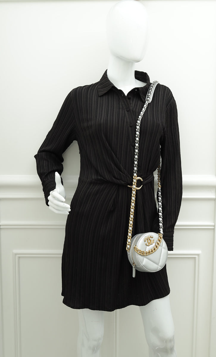 Chanel Metallic Silver 19 Round Mini Clutch W/ Chain