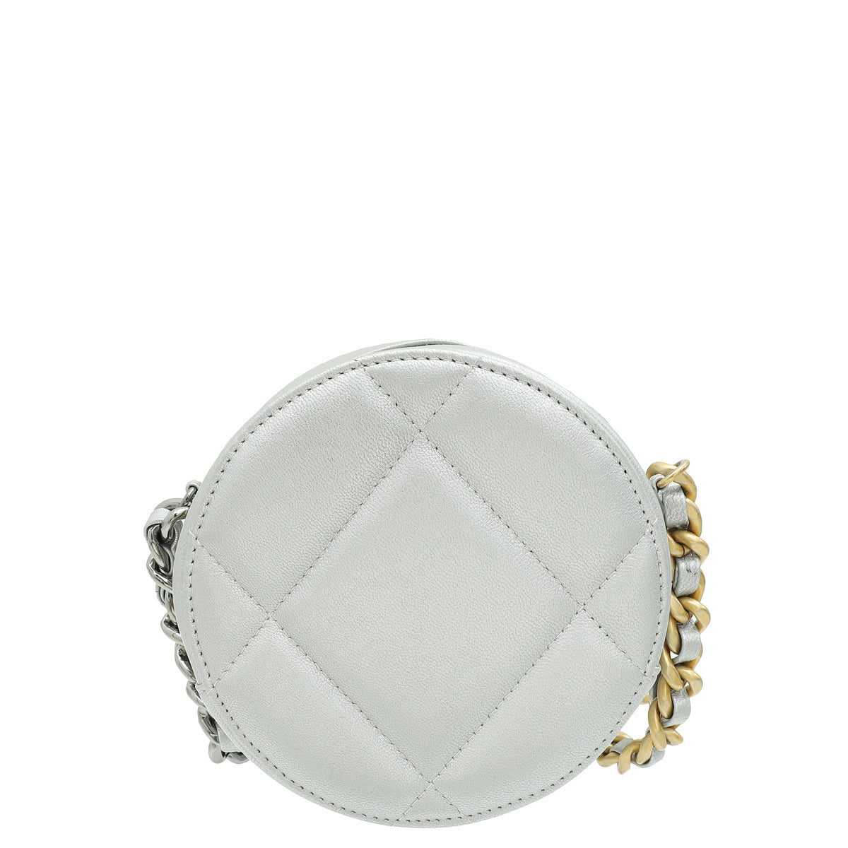 Chanel Metallic Silver 19 Round Mini Clutch W/ Chain