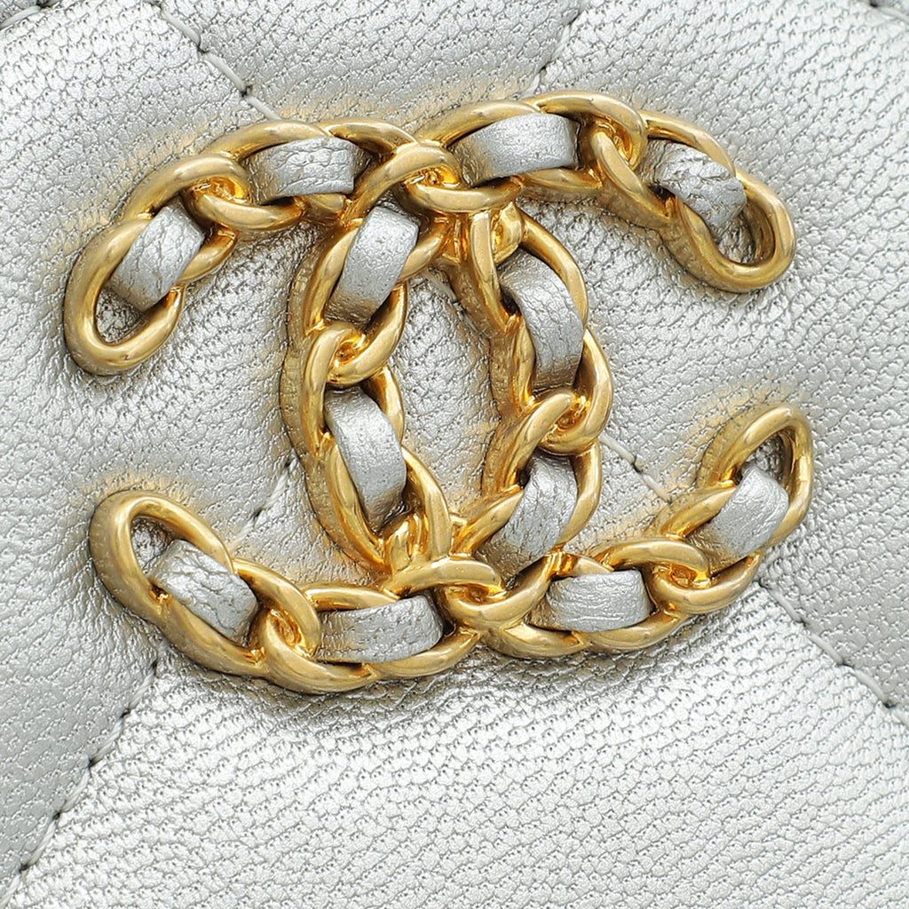 Chanel Metallic Silver 19 Round Mini Clutch W/ Chain