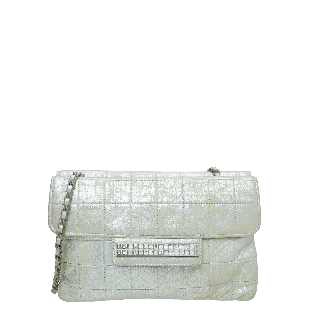 Chanel Silver Chocolate Bar Crystal Chain Bag