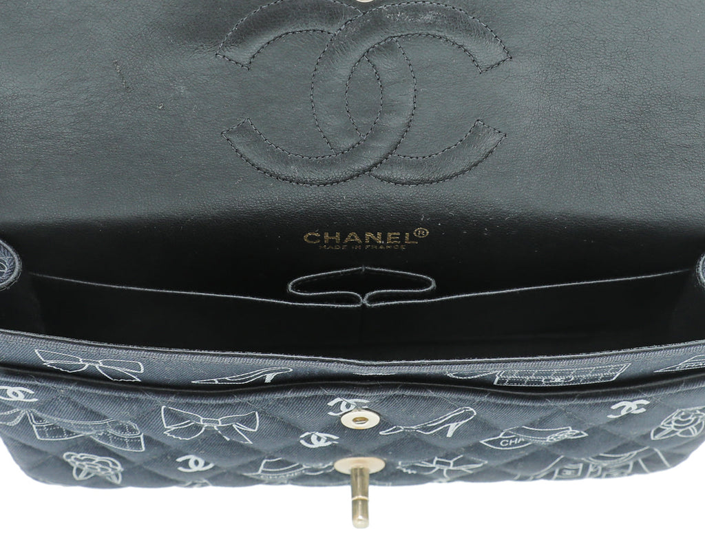 Chanel Navy Icon Print Canvas Double Flap Medium Bag