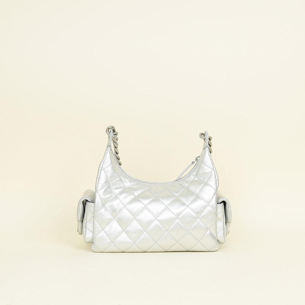 Chanel Metallic Silver CC Quilted Trendy Pockets Hobo Large Bag