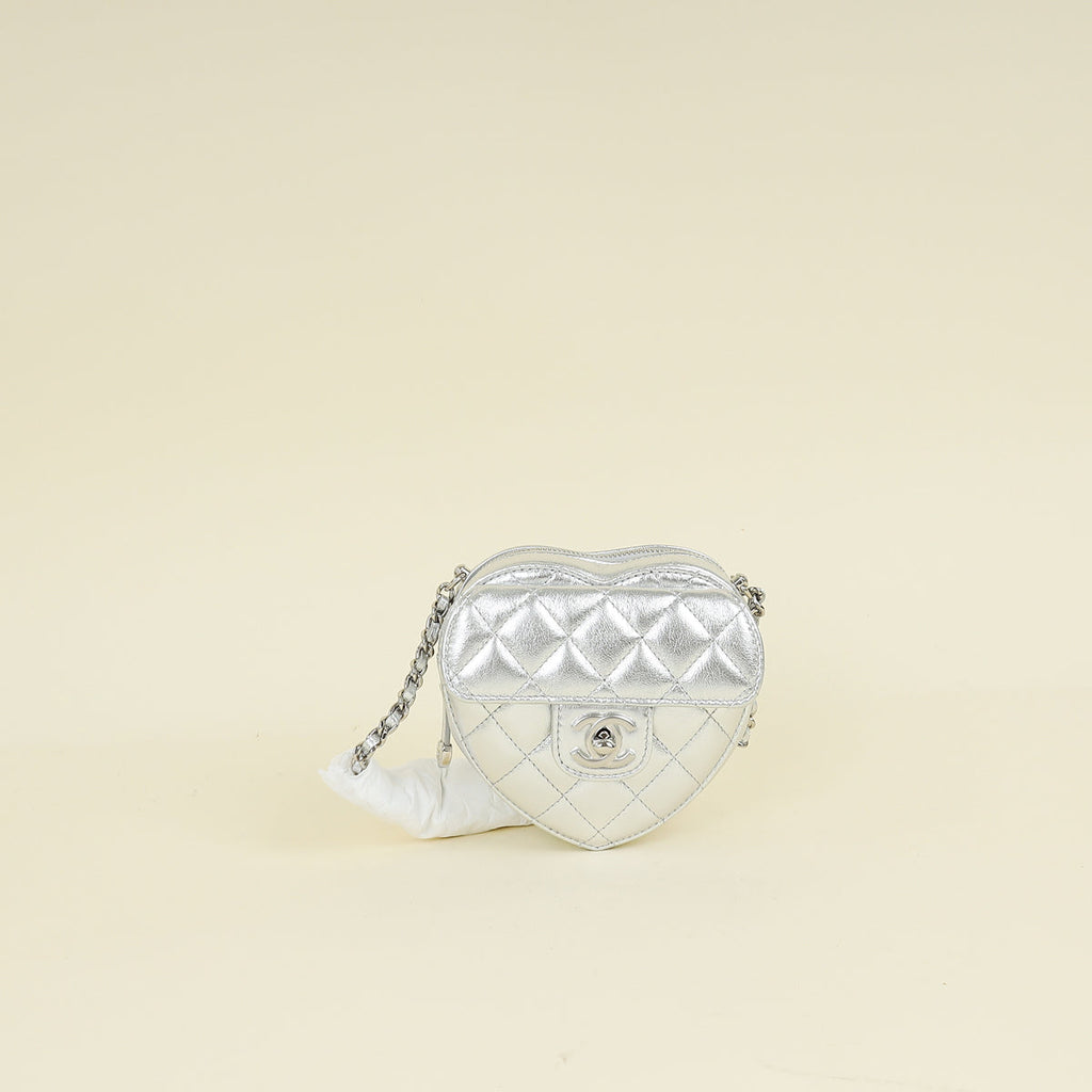 Chanel Metallic Silver CC Heart Clutch With Chain