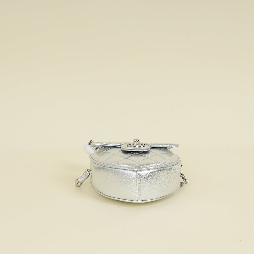 Chanel Metallic Silver CC Heart Clutch With Chain