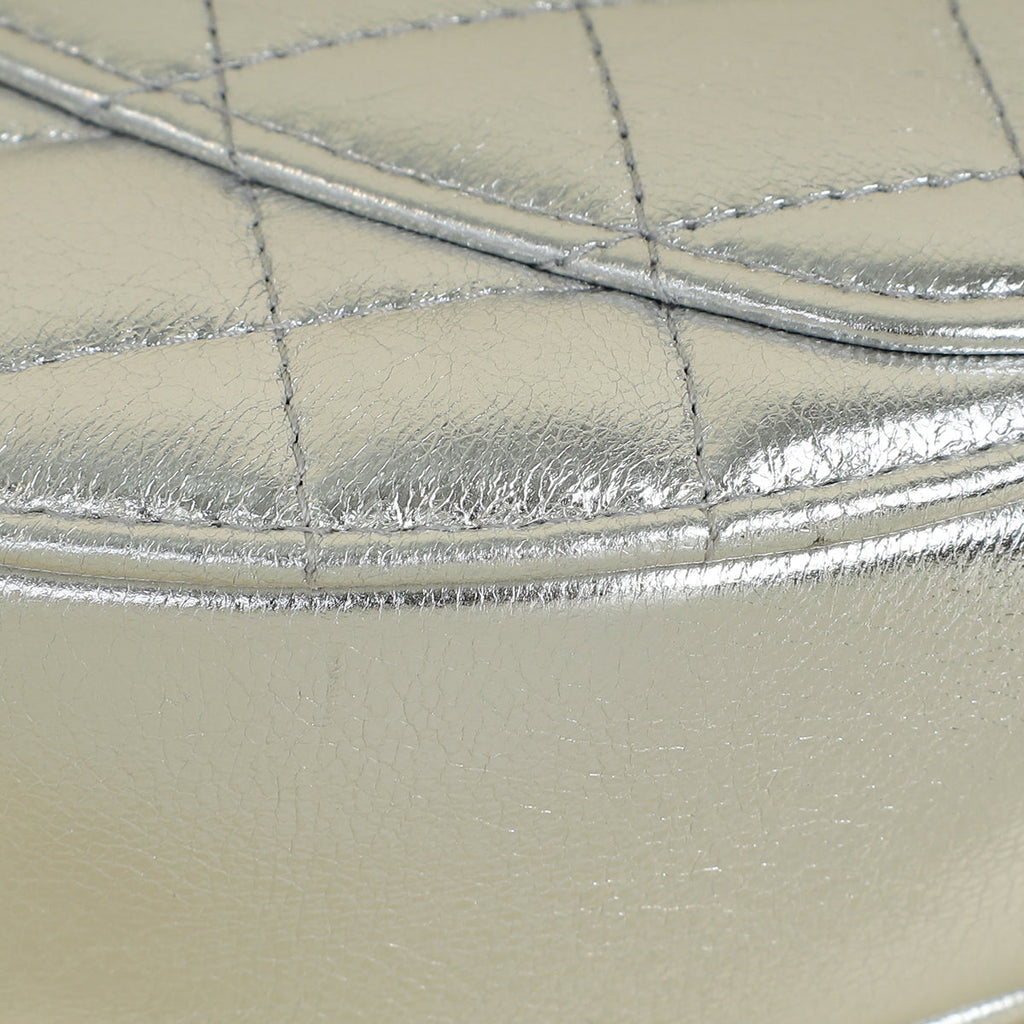 Chanel Metallic Silver CC Heart Clutch With Chain