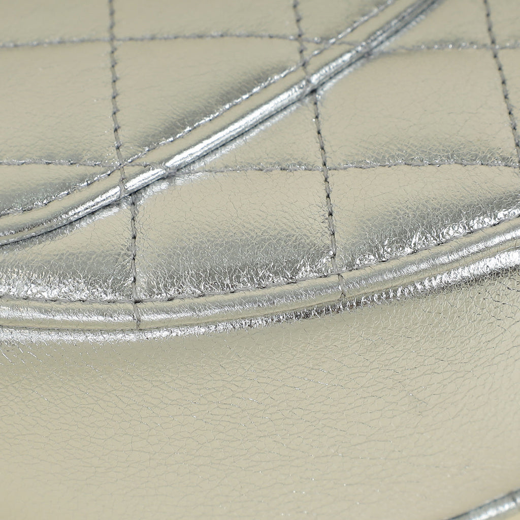 Chanel Metallic Silver CC Heart Clutch With Chain