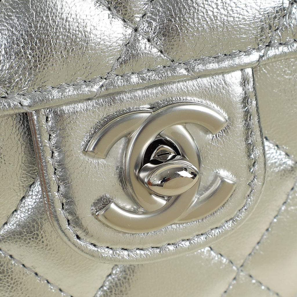 Chanel Metallic Silver CC Heart Clutch With Chain