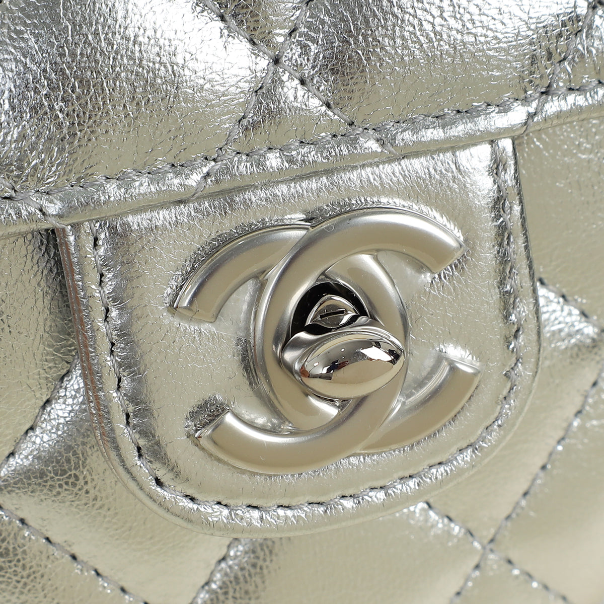 Chanel Metallic Silver CC Heart Clutch With Chain