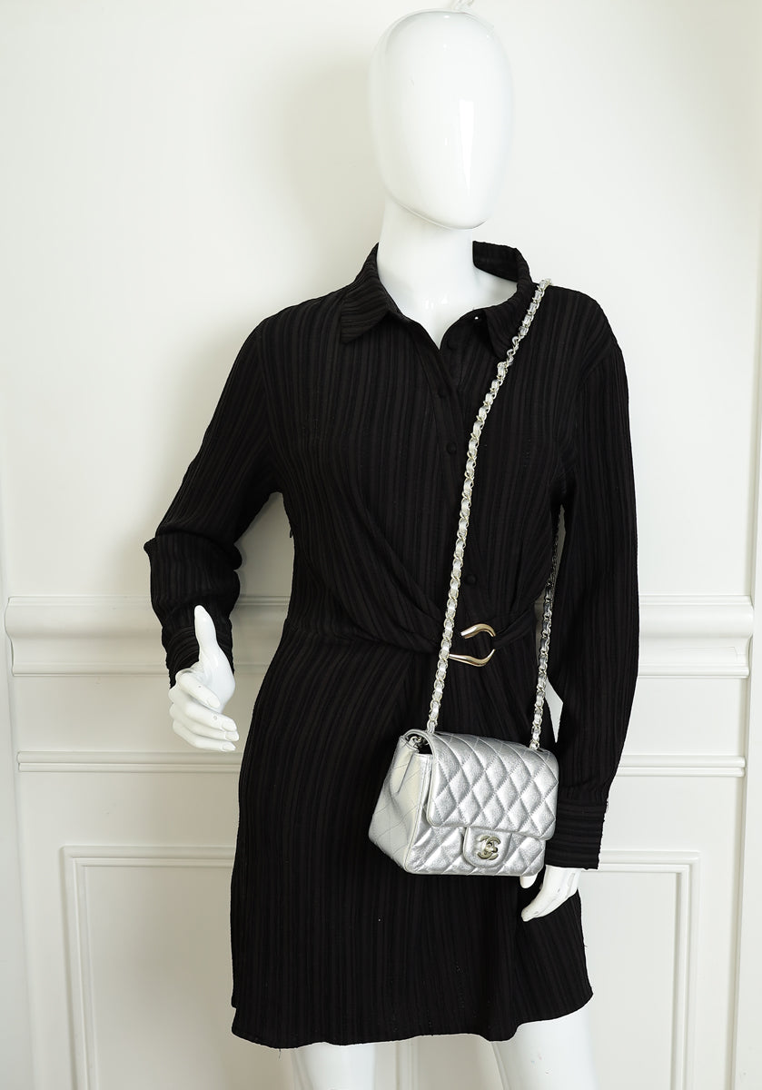 Chanel Metallic Silver CC Classic Mini Square Bag