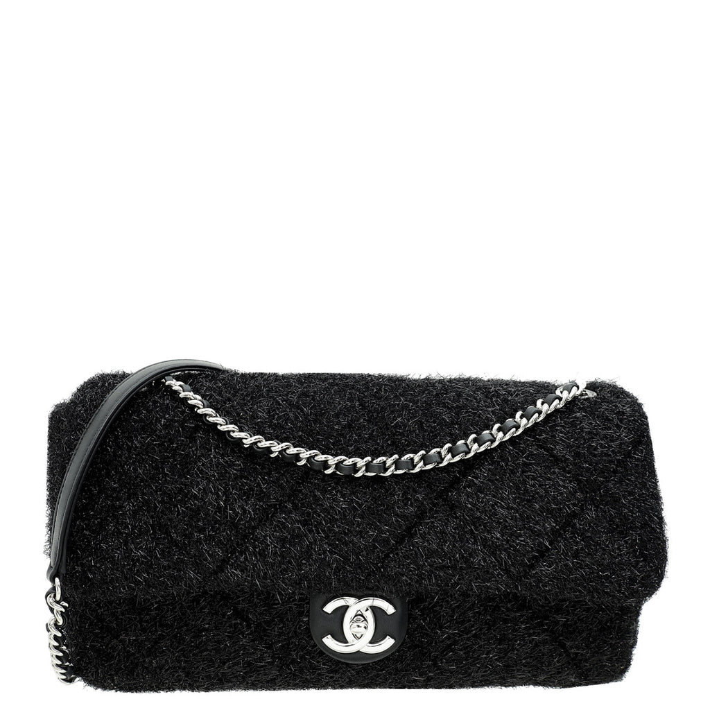 Chanel Black Knit Pluto Glitter Flap Large Bag