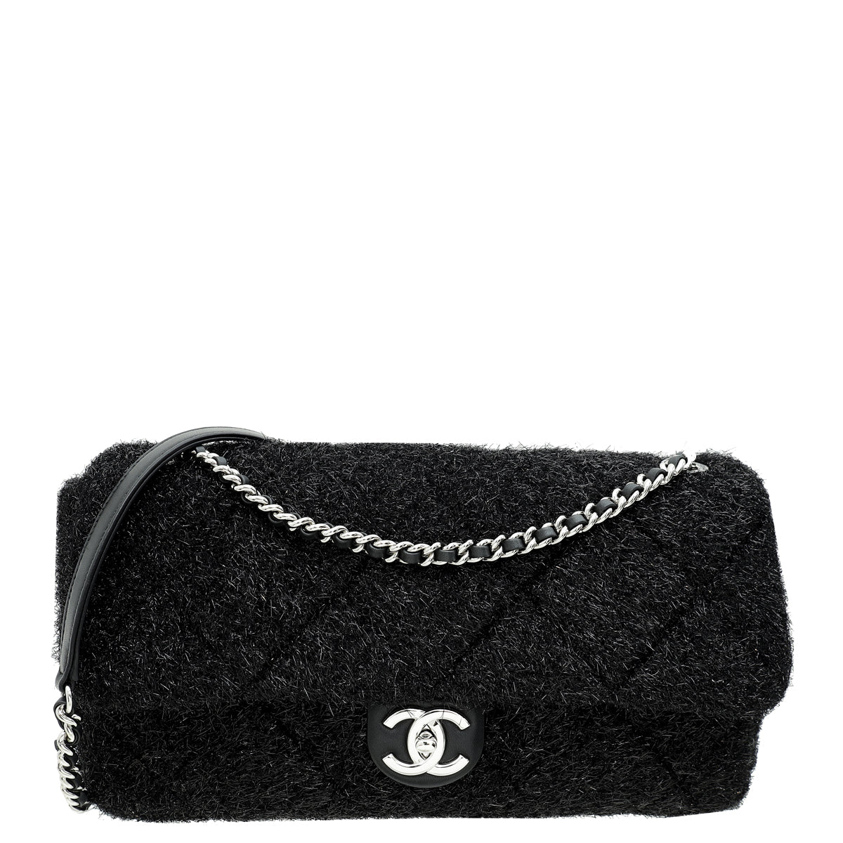 Chanel Black Knit Pluto Glitter Flap Large Bag