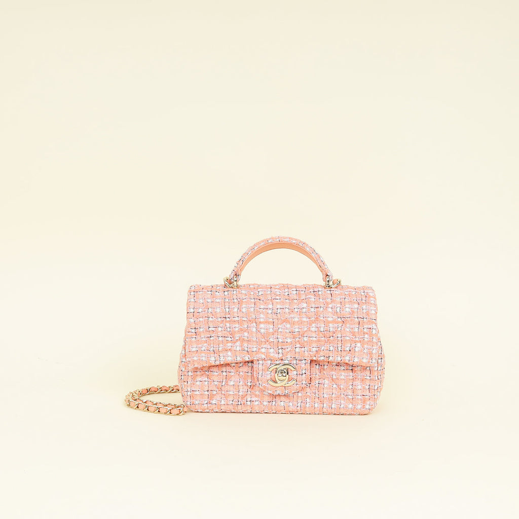 Chanel Coral Tweed Top Handle Mini Rectangular Flap Bag
