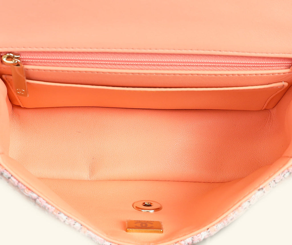 Chanel Coral Tweed Top Handle Mini Rectangular Flap Bag