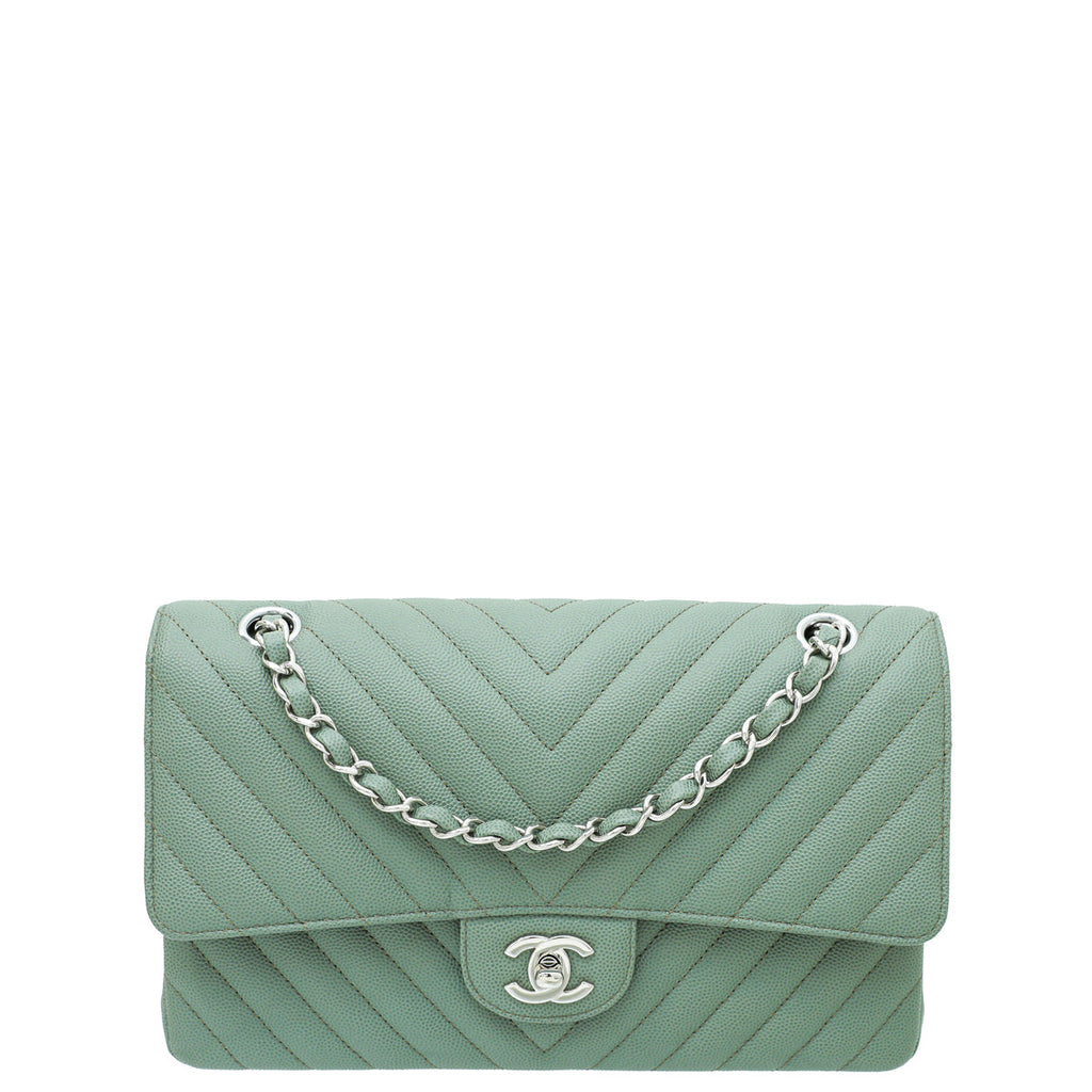 Chanel Sea Green Classic Chevron Double Flap Medium Bag